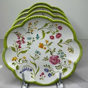 Shabby Chic 4 Melamine Salad Plates Floral 9in Scalloped Green Border New